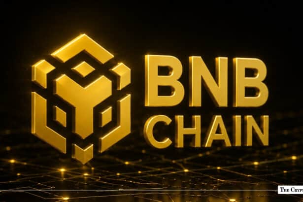 3D gold BNB Chain logo and text glowing over a dark digital network grid