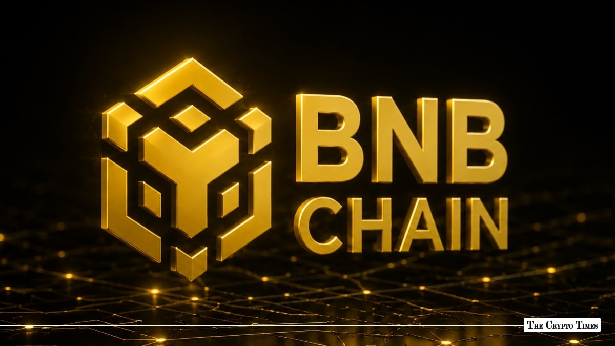 3D gold BNB Chain logo and text glowing over a dark digital network grid