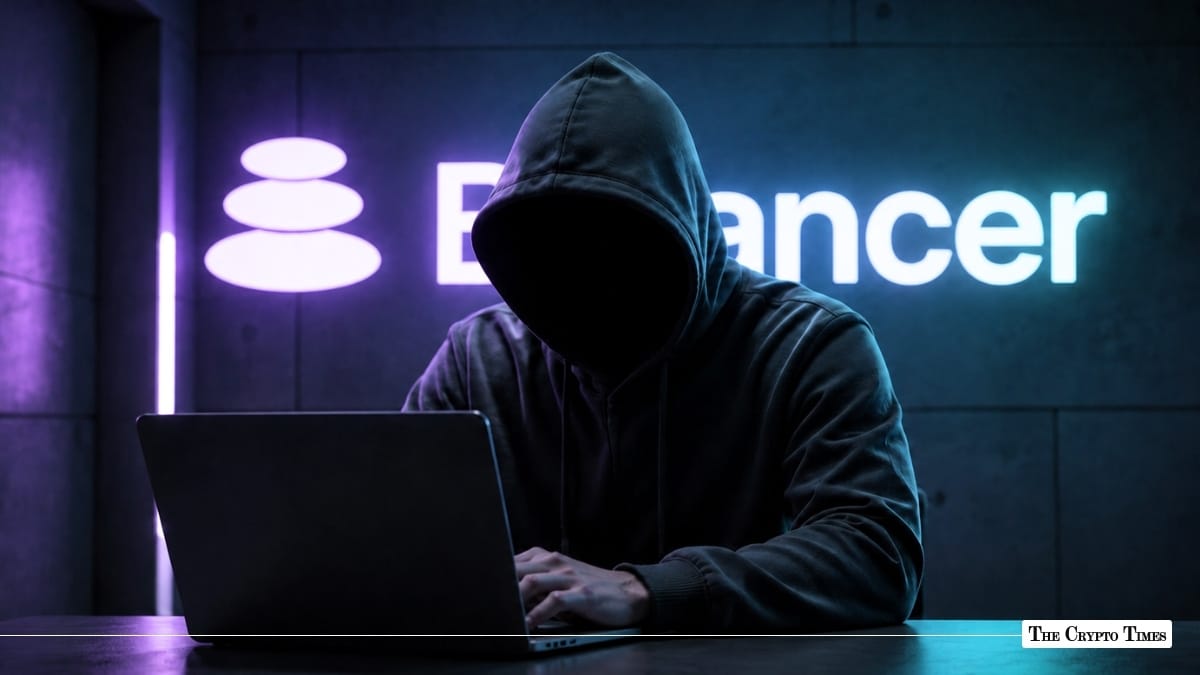 A hooded hacker figure operating a laptop in front of a glowing Balancer logo