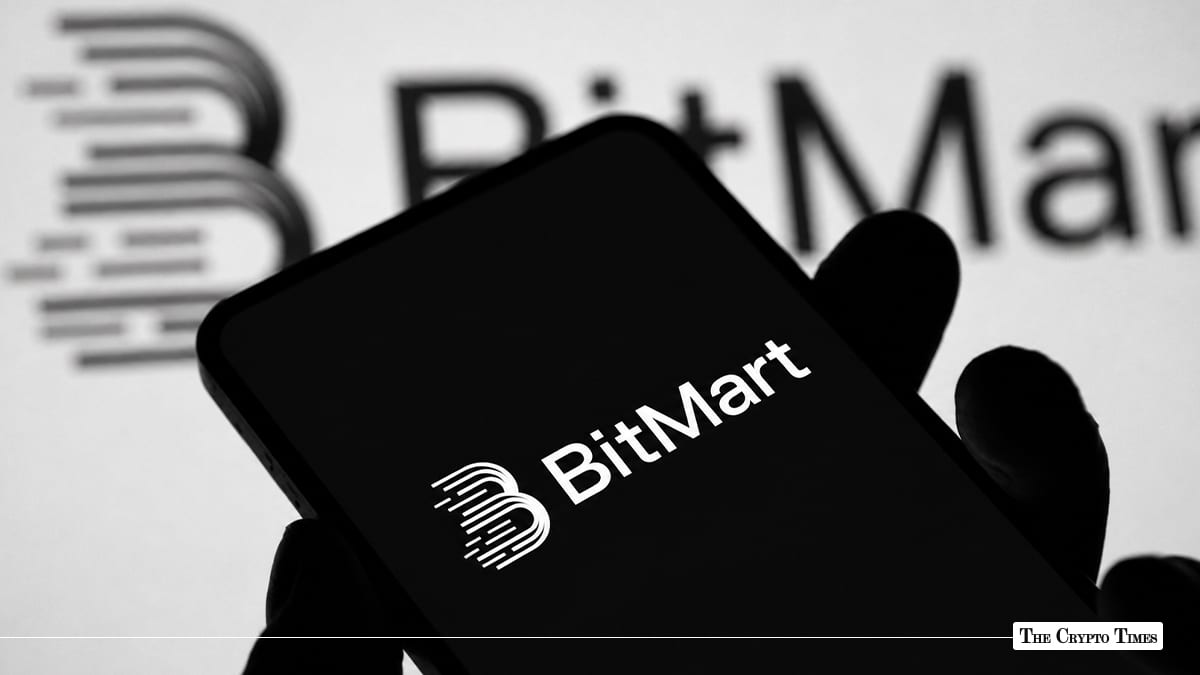 Close-up of a smartphone screen with the white BitMart logo on a dark background