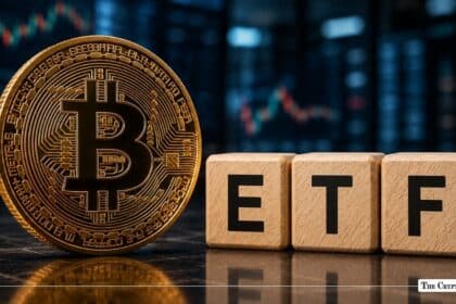 A gold physical Bitcoin coin placed next to wooden blocks spelling out ETF