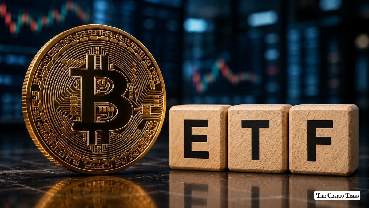 A gold physical Bitcoin coin placed next to wooden blocks spelling out ETF
