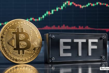 Bitcoin coin next to a metal ETF sign set against a candlestick trading chart background