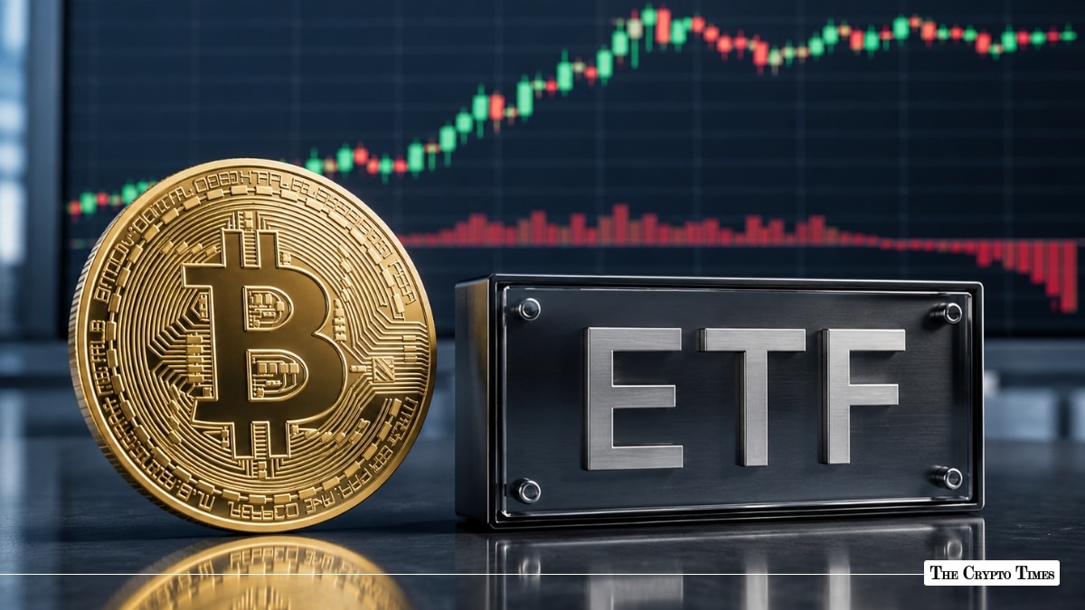 Bitcoin coin next to a metal ETF sign set against a candlestick trading chart background