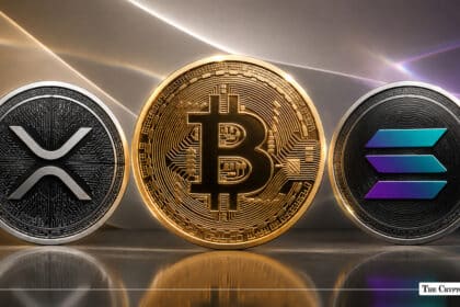 XRP, Bitcoin, and Solana standing side by side against a lit backdrop
