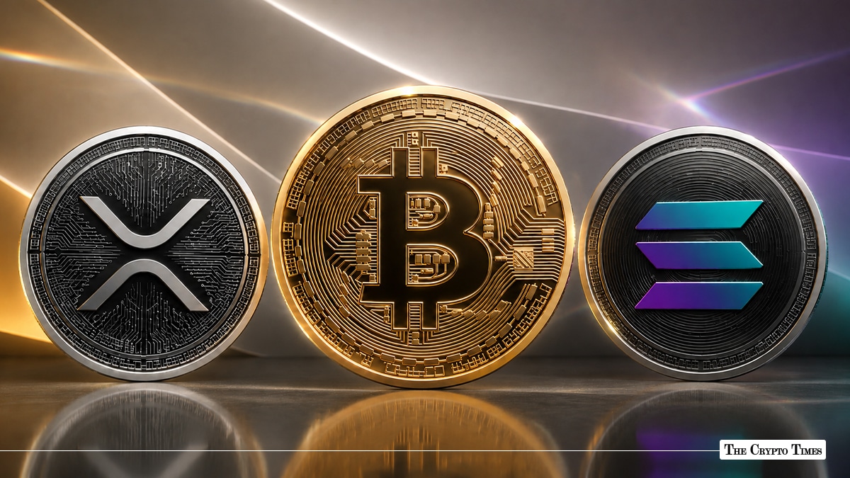 XRP, Bitcoin, and Solana standing side by side against a lit backdrop