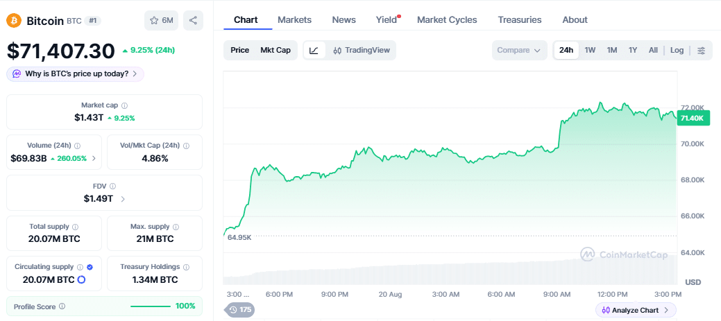 Bitcoin price chart as of August 20 (20:34 IST)