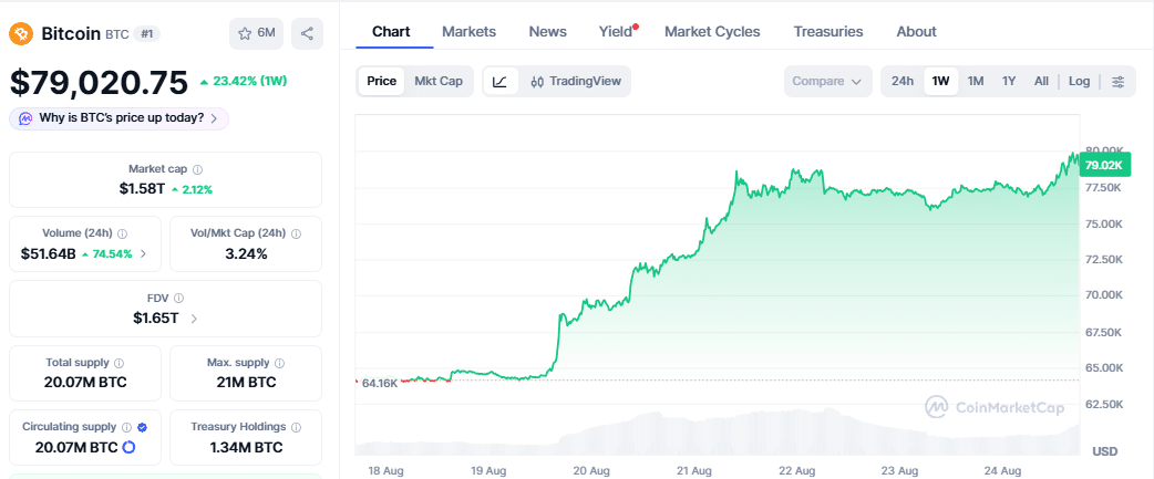 Bitcoin price chart as of August 24 (2314 IST)