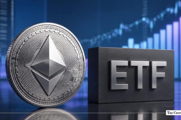 Ethereum coin next to an ETF sign with a rising market chart in the background.