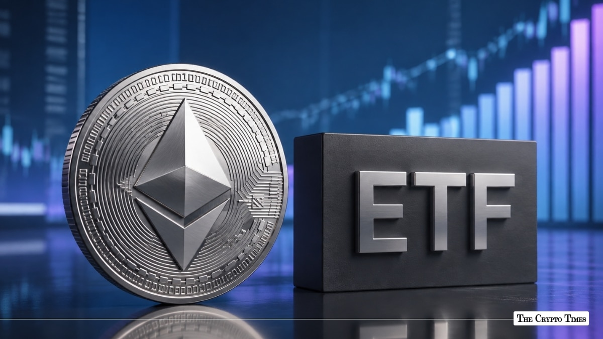 Ethereum coin next to an ETF sign with a rising market chart in the background.