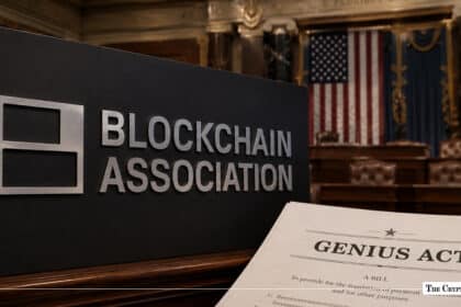Blockchain Association sign next to a printed legislative bill titled "GENIUS ACT" with an American flag in the background