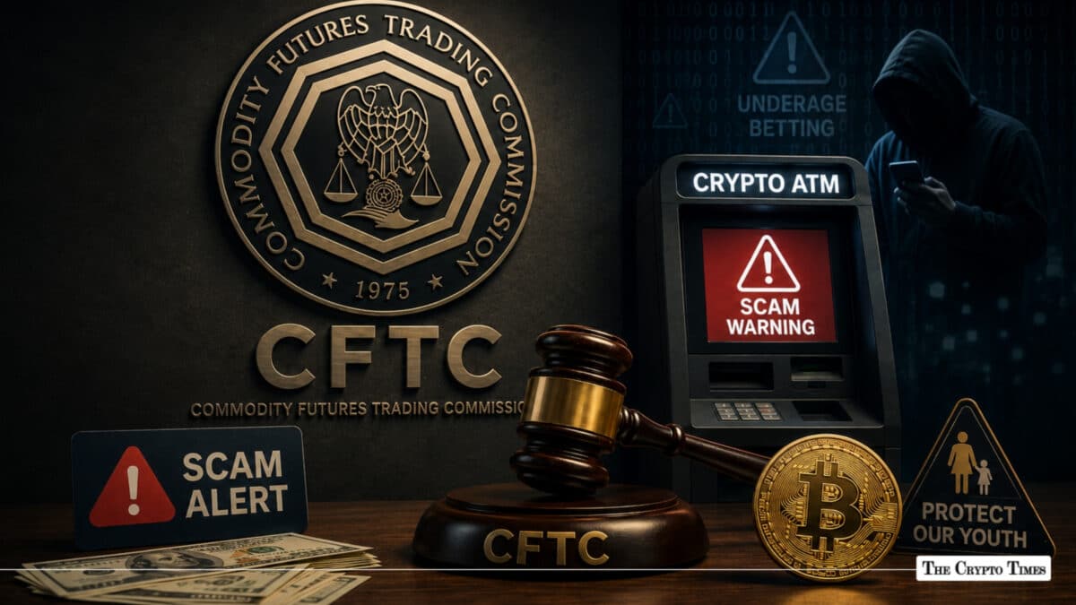 CFTC seal and a wooden gavel alongside a Crypto ATM with a scam warning sign, cash, and a Bitcoin coin