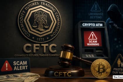 CFTC seal and a wooden gavel alongside a Crypto ATM with a scam warning sign, cash, and a Bitcoin coin