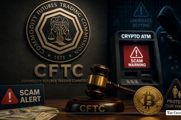CFTC seal and a wooden gavel alongside a Crypto ATM with a scam warning sign, cash, and a Bitcoin coin