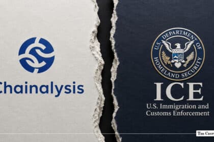 Chainalysis logo on white paper opposite the U.S. Immigration and Customs Enforcement (ICE) emblem on dark paper, separated by a torn seam