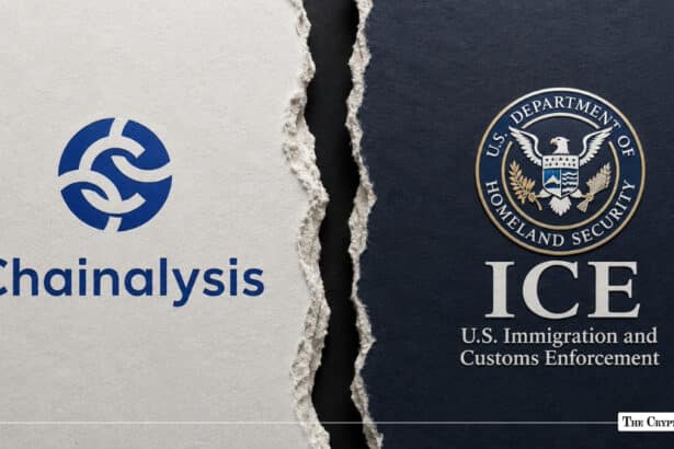 Chainalysis logo on white paper opposite the U.S. Immigration and Customs Enforcement (ICE) emblem on dark paper, separated by a torn seam
