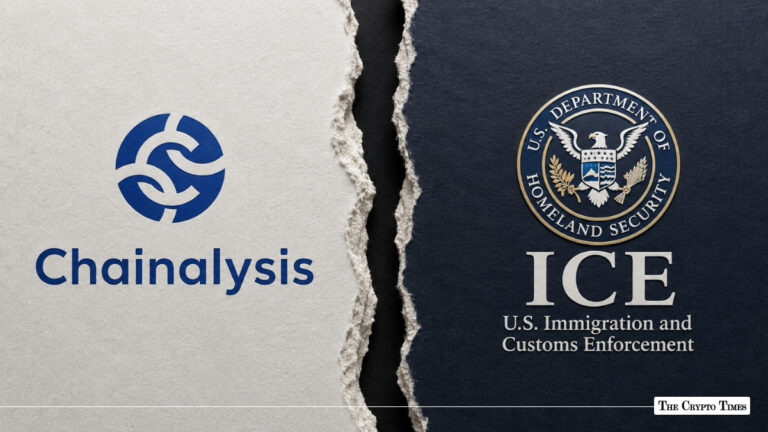 Chainalysis logo on white paper opposite the U.S. Immigration and Customs Enforcement (ICE) emblem on dark paper, separated by a torn seam