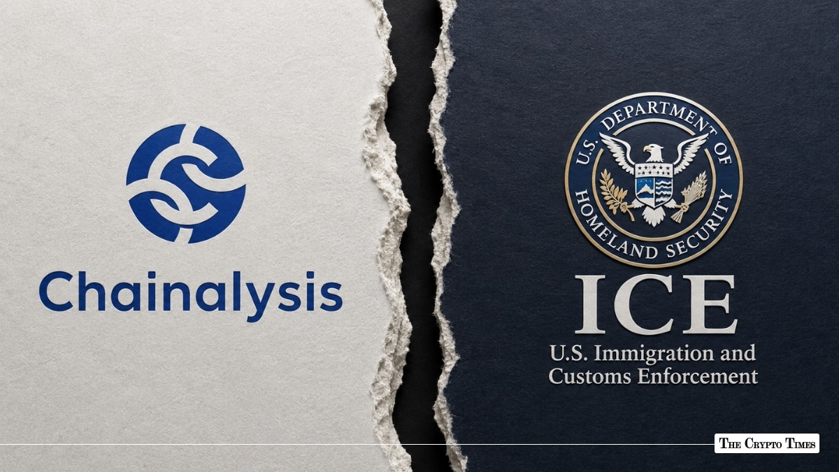 Chainalysis logo on white paper opposite the U.S. Immigration and Customs Enforcement (ICE) emblem on dark paper, separated by a torn seam