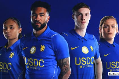 Chelsea FC players wearing the blue home kit featuring "USDC BY CIRCLE" as the front-of-shirt sponsor