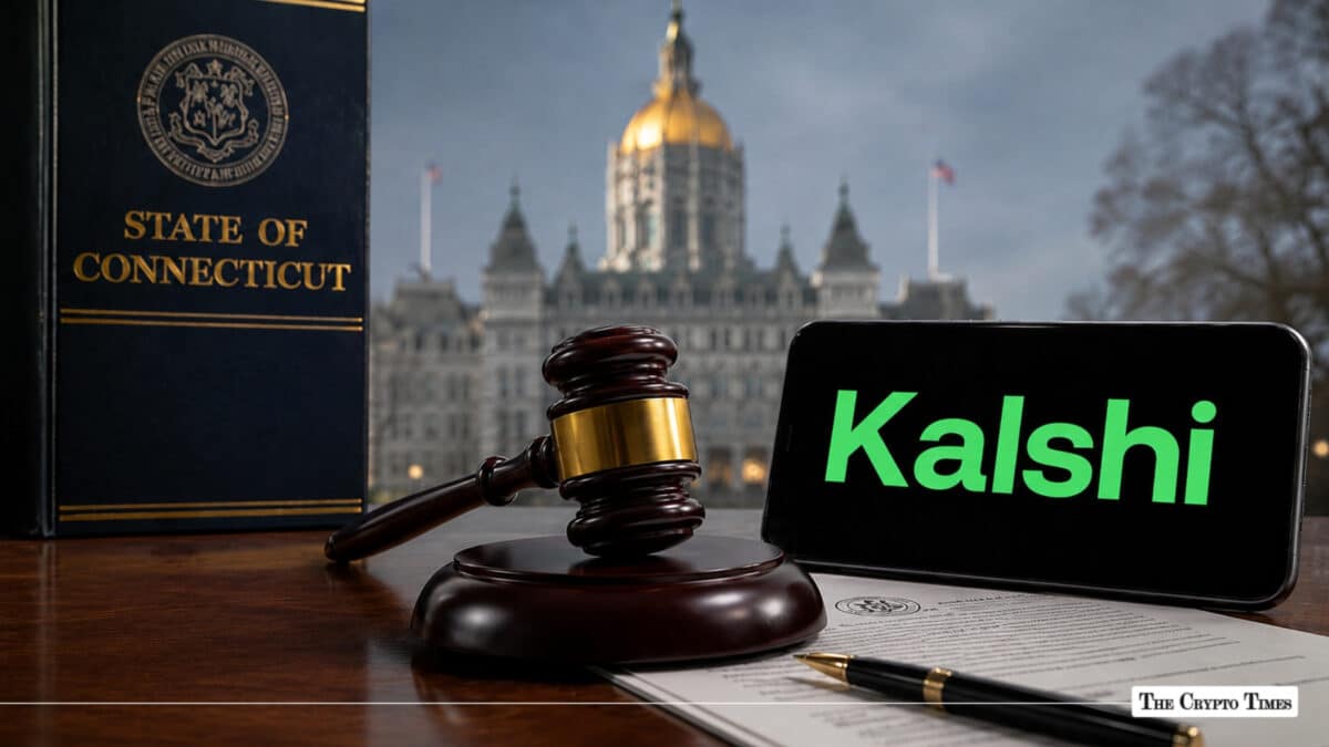 This image uses a gavel, a "State of Connecticut" book, and a phone displaying the Kalshi logo to illustrate Connecticut's legal lawsuit against the Kalshi platform