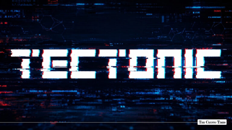 Glitchy, distorted white text reading "TECTONIC" set against a dark pixelated background