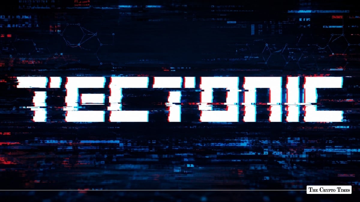 Glitchy, distorted white text reading "TECTONIC" set against a dark pixelated background