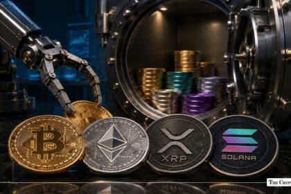 Robotic hand picking up cryptocurrency tokens displayed in front of an open vault door