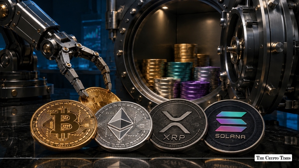 Robotic hand picking up cryptocurrency tokens displayed in front of an open vault door
