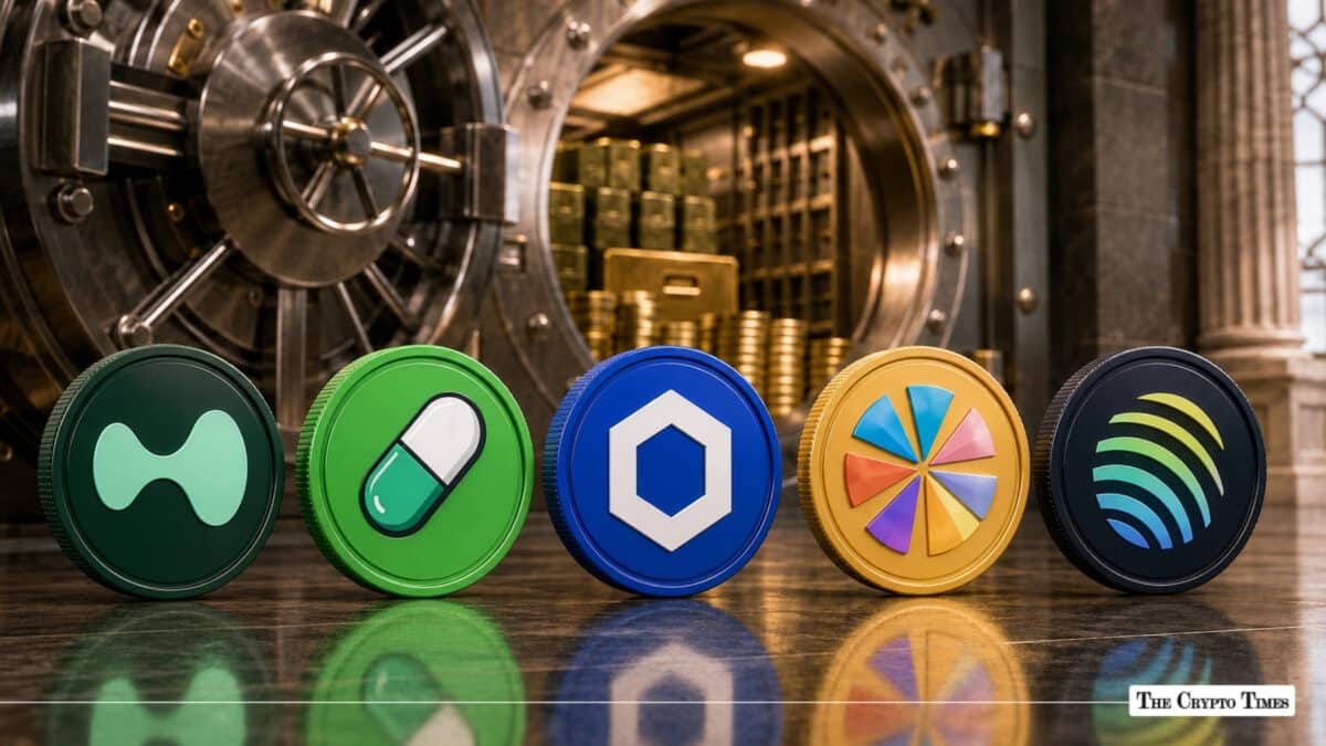 Five cryptocurrency tokens representing Hyperliquid, Pump.fun, Chainlink, Raydium, and Jupiter lined up in front of an open bank vault