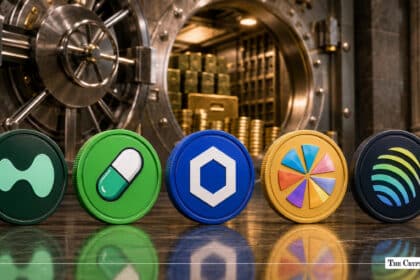 Five cryptocurrency tokens representing Hyperliquid, Pump.fun, Chainlink, Raydium, and Jupiter lined up in front of an open bank vault