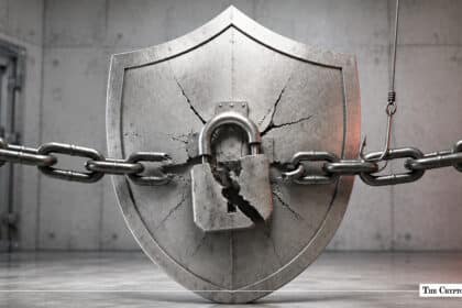 A broken padlock and cracked metal shield representing a security breach