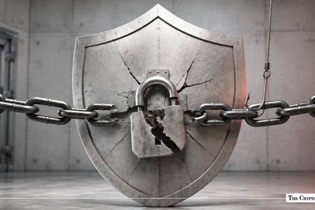 A broken padlock and cracked metal shield representing a security breach