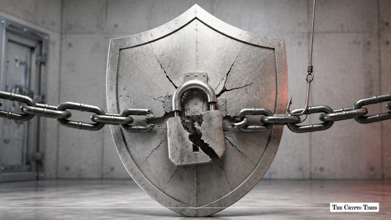 A broken padlock and cracked metal shield representing a security breach