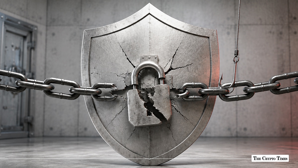 A broken padlock and cracked metal shield representing a security breach