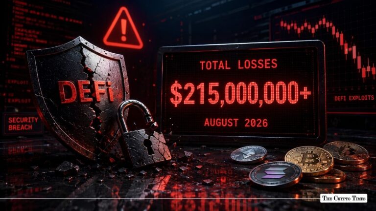 DeFi losses exceeding $215 million in August 2026 with cryptocurrency market crash warning