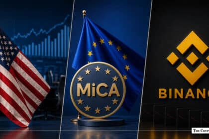 Three-panel collage featuring an American flag, European flag with MiCA text, and the Binance logo