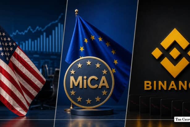 Three-panel collage featuring an American flag, European flag with MiCA text, and the Binance logo