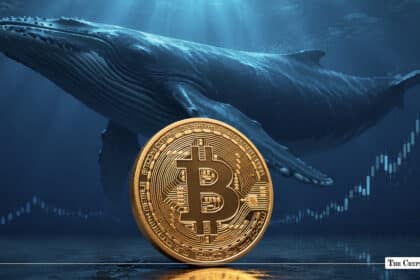 Bitcoin coin positioned underwater in front of a massive humpback whale, set against a background of rising candlestick charts