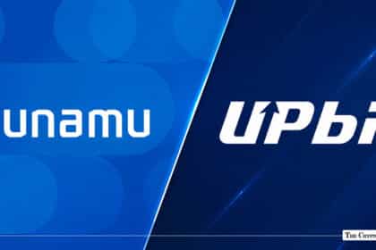 Split graphic featuring the Dunamu logo on the left and the Upbit logo on the right
