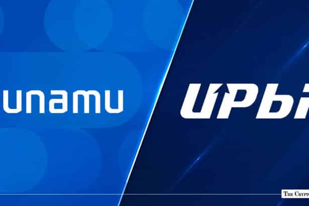Split graphic featuring the Dunamu logo on the left and the Upbit logo on the right
