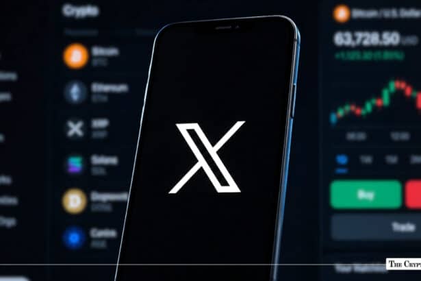 Smartphone displaying the white X logo in front of a dark screen with cryptocurrency trading charts and buy/sell buttons