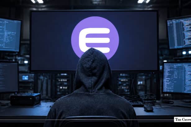 Hooded figure sitting in front of multiple screens showing code, facing a central display with the purple Enjin logo