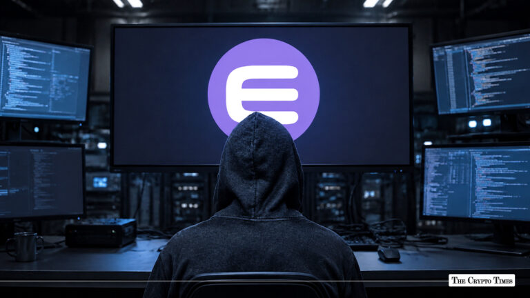Hooded figure sitting in front of multiple screens showing code, facing a central display with the purple Enjin logo