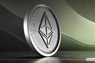A Ethereum coin standing on a dark surface against a soft-lit background