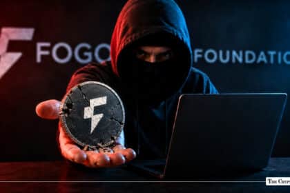 A hooded figure next to a laptop holding a cracked FOGO token coin in front of the Fogo Foundation logo