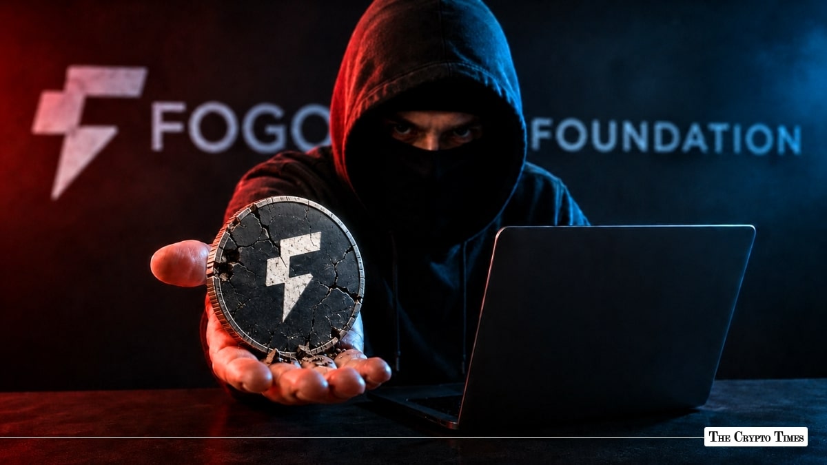 A hooded figure next to a laptop holding a cracked FOGO token coin in front of the Fogo Foundation logo