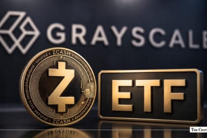 Zcash coin standing next to a metallic "ETF" block in front of the Grayscale logo