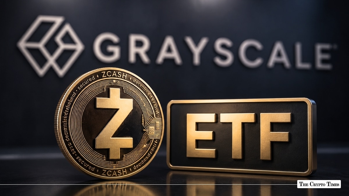 Zcash coin standing next to a metallic "ETF" block in front of the Grayscale logo