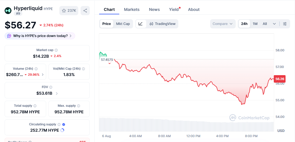 HYPE Price Performance on Aug 6 at 23:05 IST