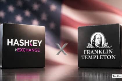HashKey Exchange logo and Franklin Templeton logo on rectangular blocks side by side against an American flag backdrop